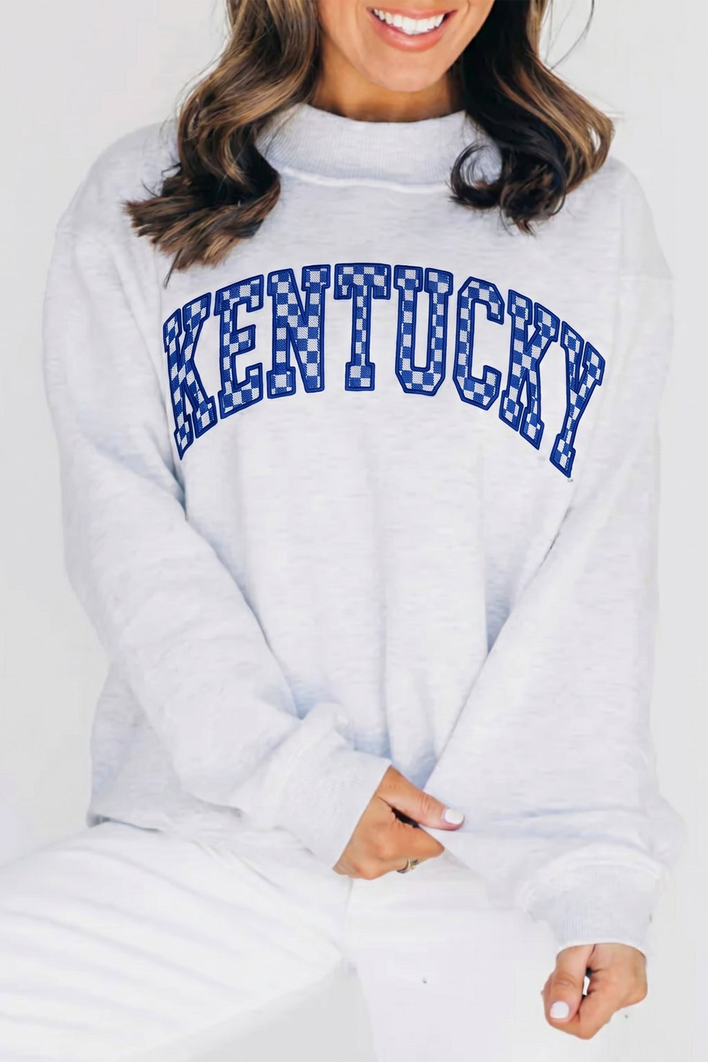 Kentucky Light Grey High Neck Embroidered Checkered Letter Game Day Sweatshirt