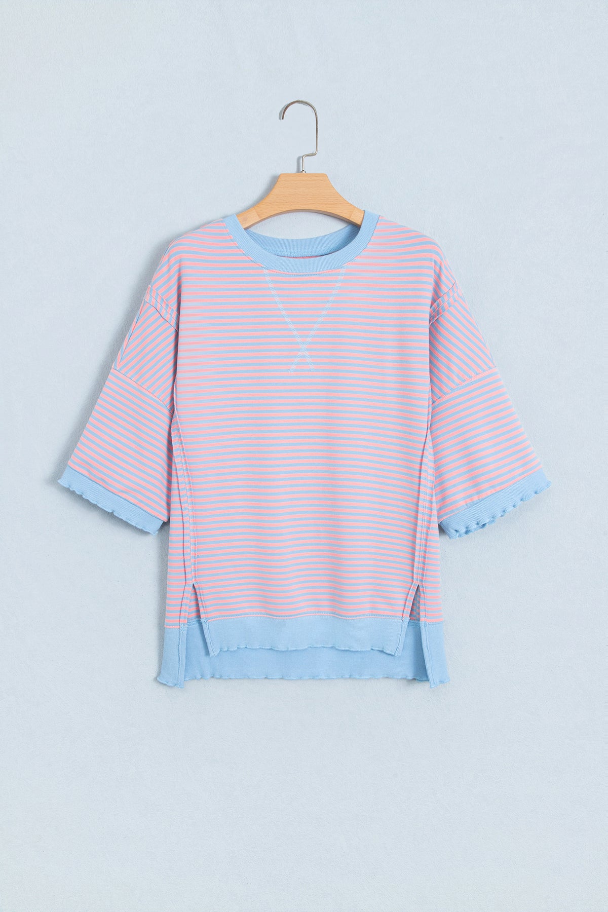 Sky Blue Stripe Colorblock Scalloped Trim Loose 3/4 Sleeve Top
