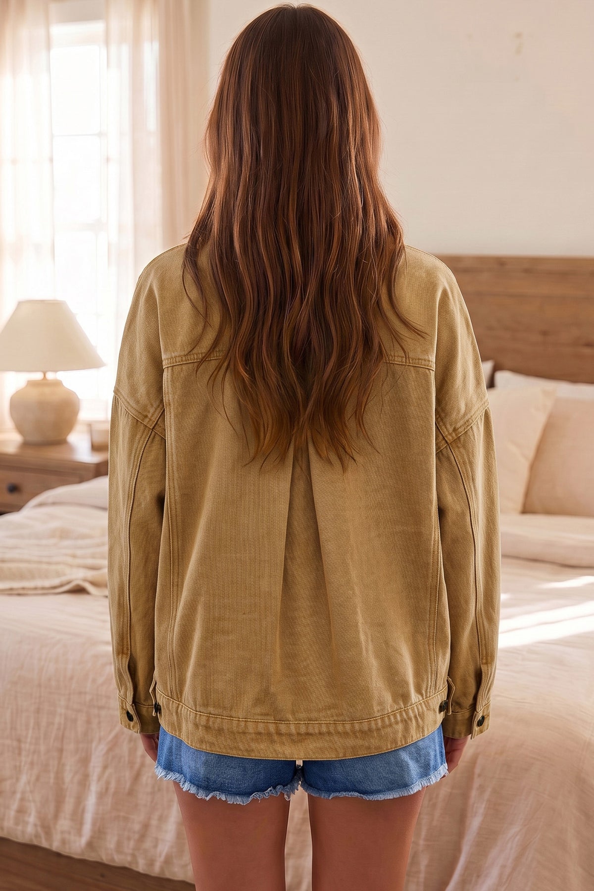 Honey gold Metal Button Front Long Sleeve Collar Denim Jacket