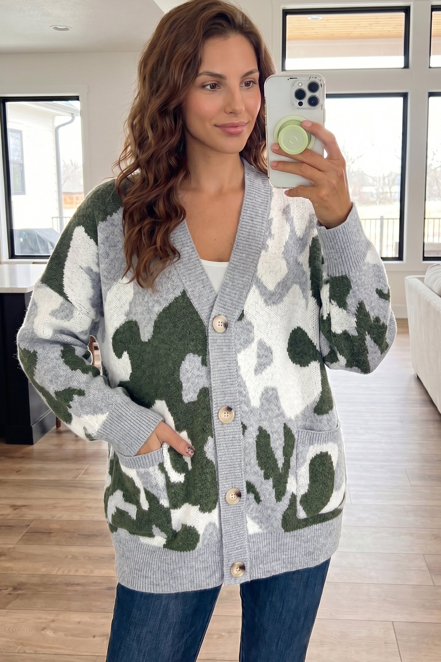 Green Camouflage Drop Shoulder V Neck Button Front Cardigan