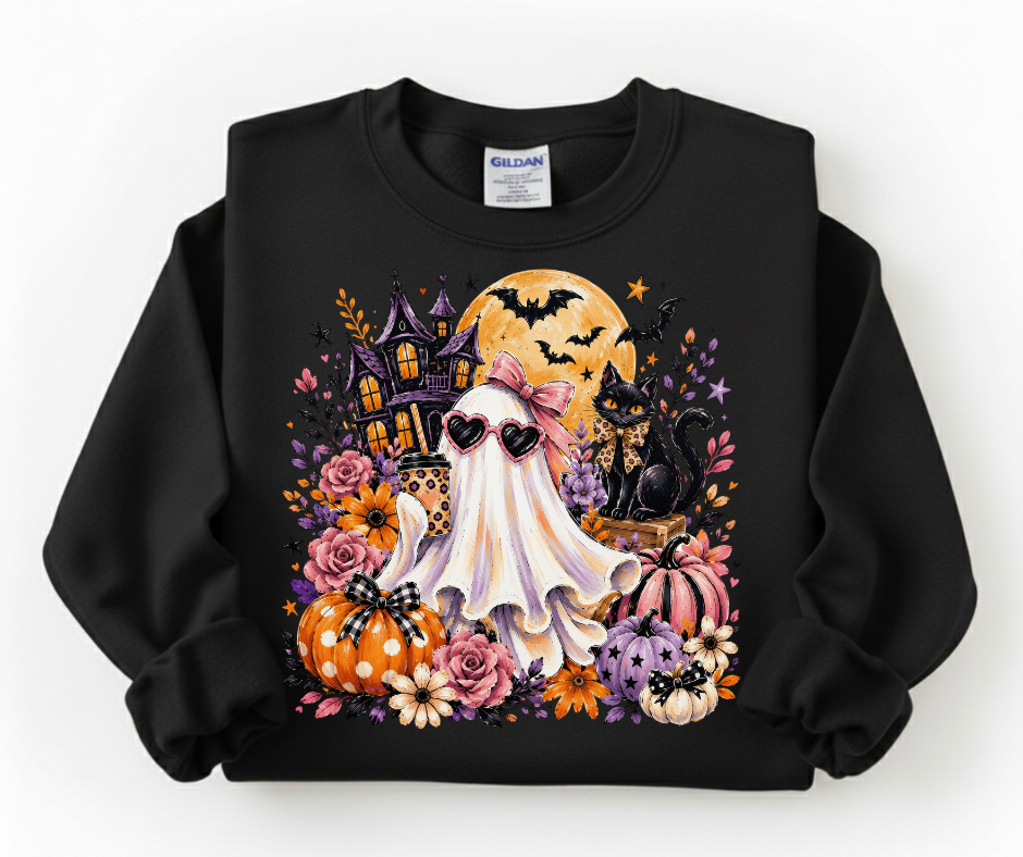 Halloween Ghost Crewneck Sweatshirt — Cute Ghost, Pumpkins & Black Cat Halloween Pullover