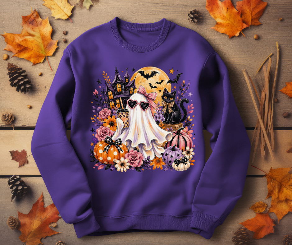 Halloween Ghost Crewneck Sweatshirt — Cute Ghost, Pumpkins & Black Cat Halloween Pullover
