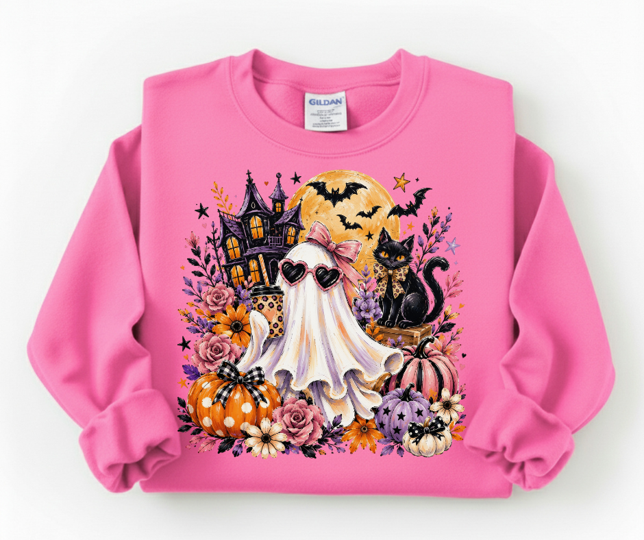 Halloween Ghost Crewneck Sweatshirt — Cute Ghost, Pumpkins & Black Cat Halloween Pullover