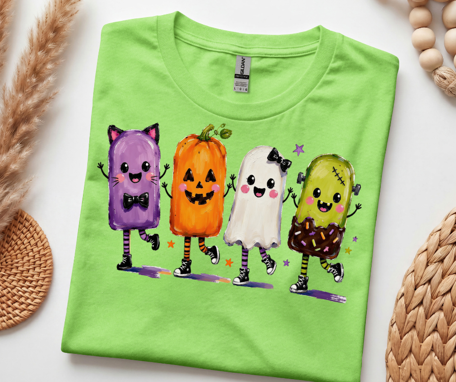 Halloween Popsicle Crew T-Shirt — Cute Dancing Pumpkin, Ghost & Candy Characters