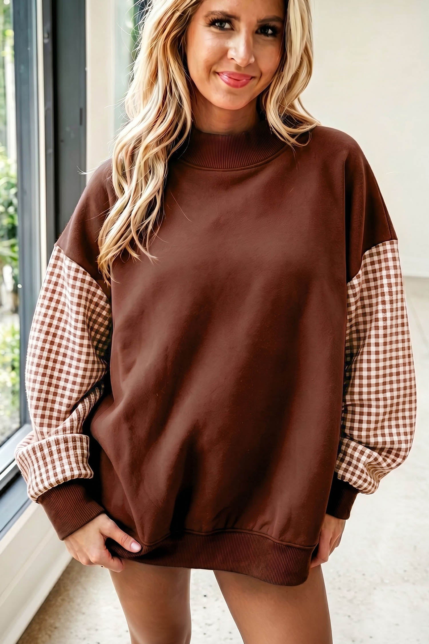 Black Plaid Sleeve Colorblock Loose Tunic Sweatshirt