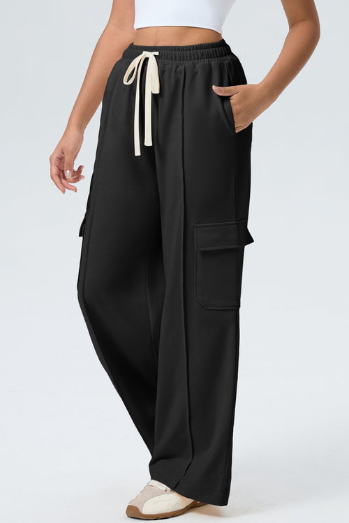 Black Solid Color Drawstring Elastic Waist Cargo Patch Pocket Active Pants