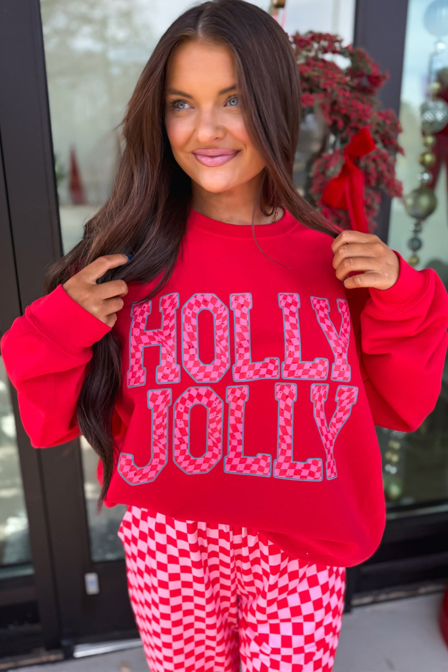 Red Christmas Slogan Graphic Plaid Contrast Two-piece Pant Set