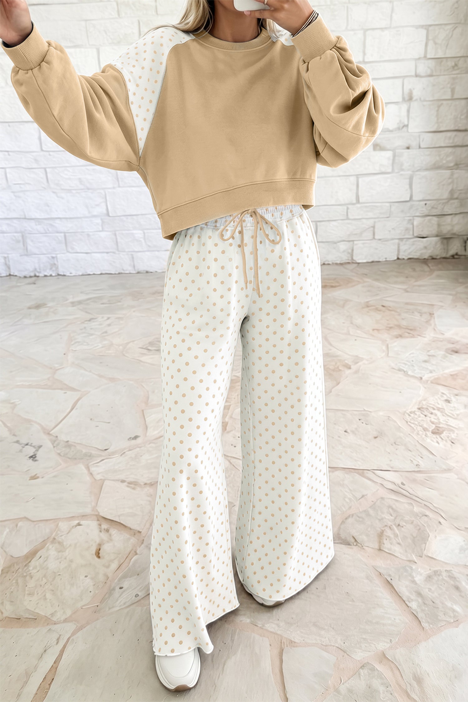 Polka Dot Patchwork Colorblock Long Sleeve Casual Two Piece Pants Set