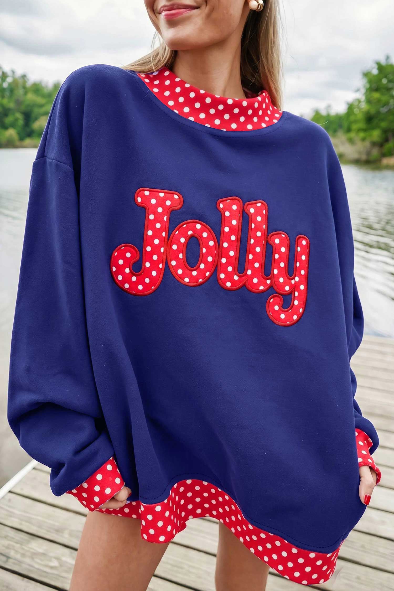 Women's Polka Dot Letter Print Contrast Trim Mock Neck Sweatshirt