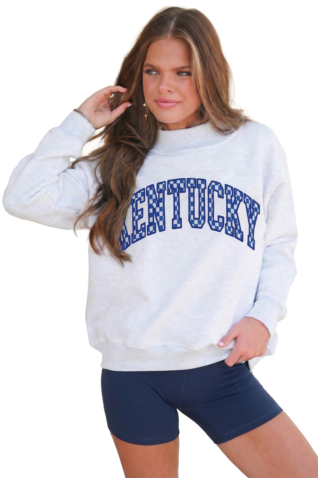 Kentucky Light Grey High Neck Embroidered Checkered Letter Game Day Sweatshirt