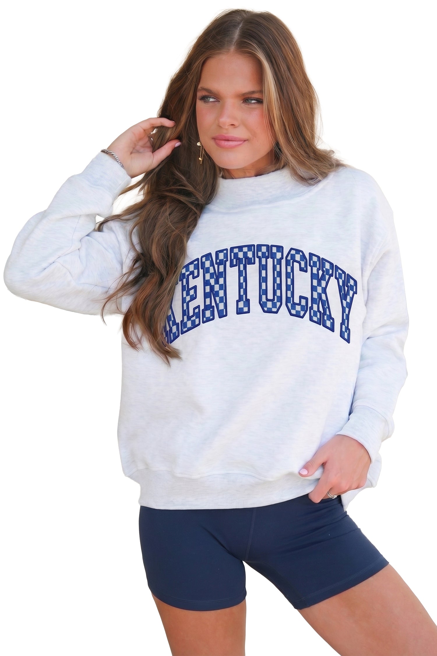 Kentucky Light Grey High Neck Embroidered Checkered Letter Game Day Sweatshirt