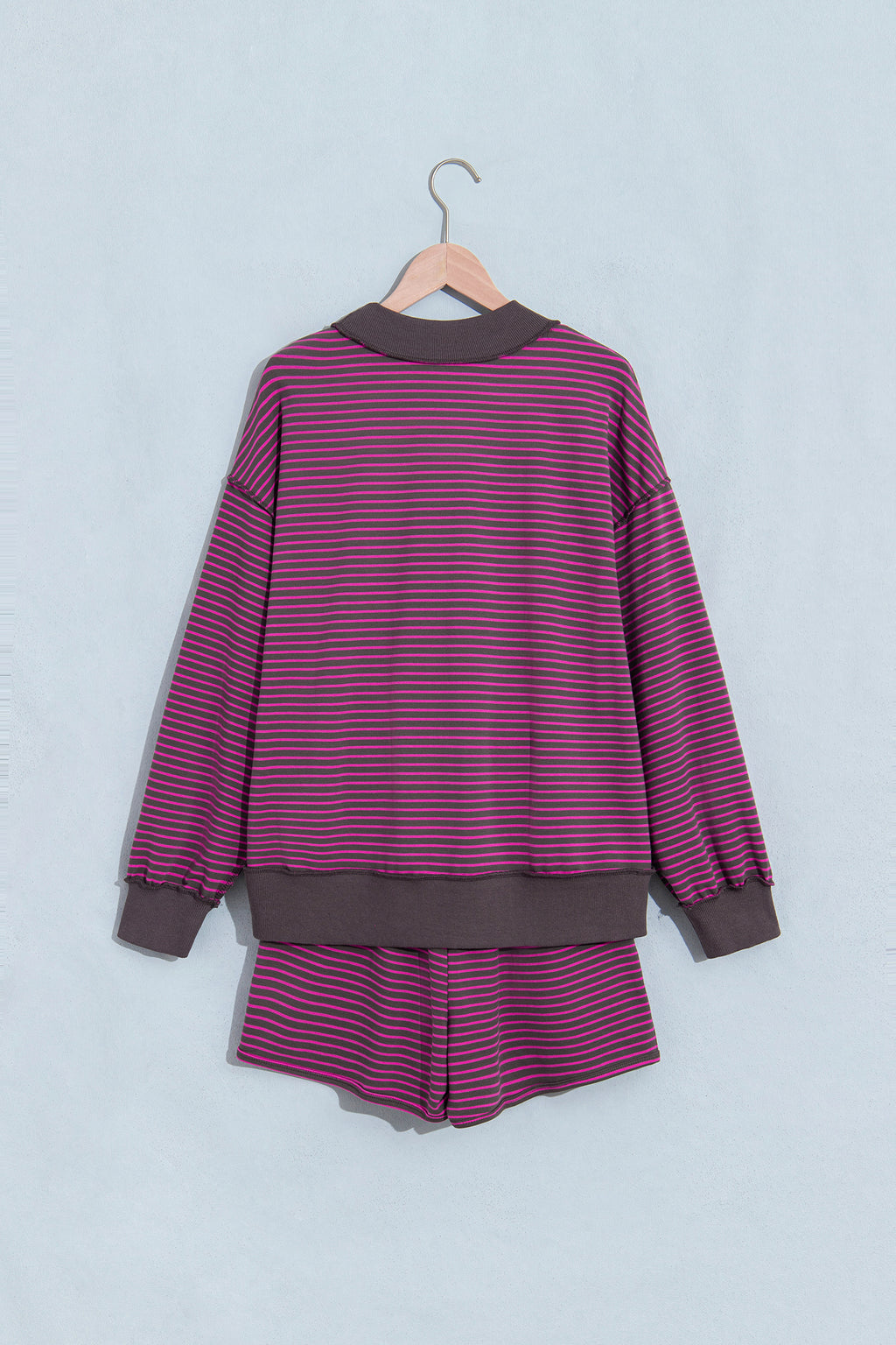 Blue Stripe Ribbed Patchwork Mock Neck Baggy Pullover Matching Shorts Set