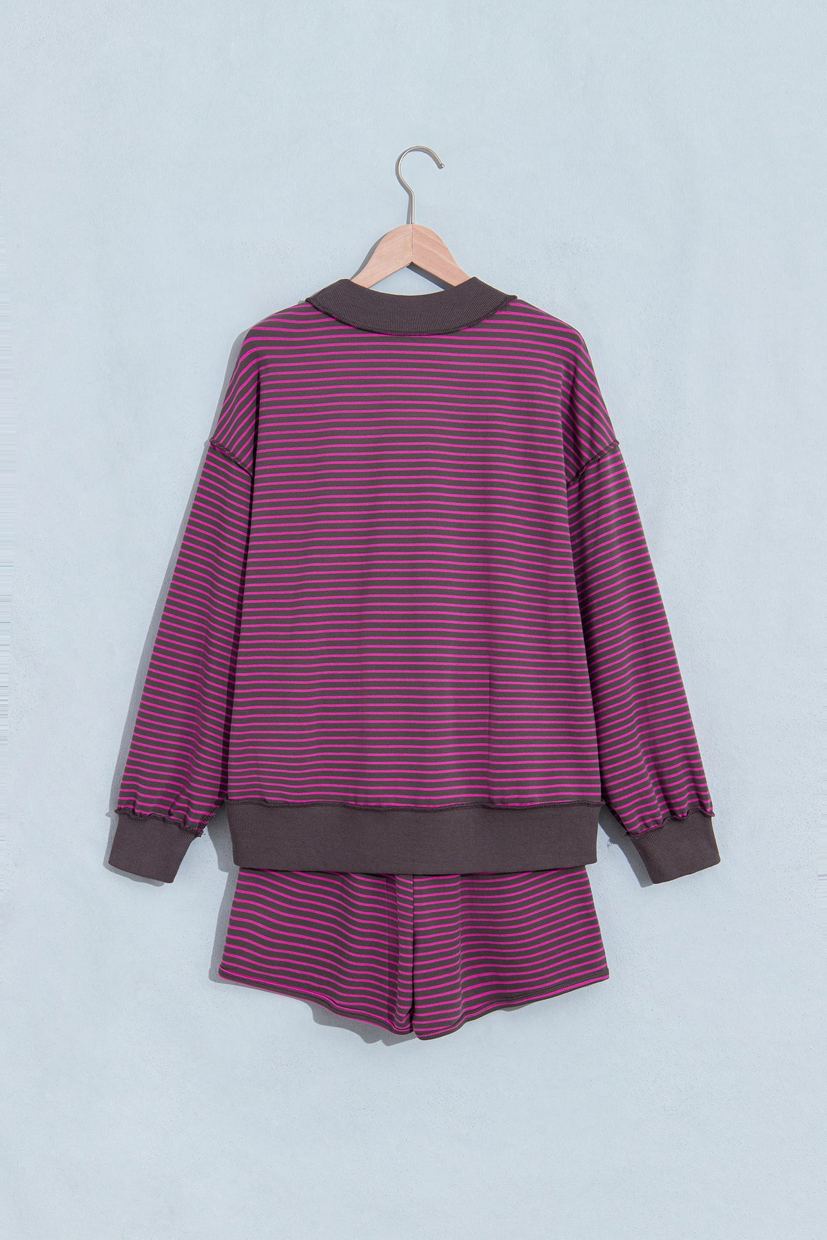 Blue Stripe Ribbed Patchwork Mock Neck Baggy Pullover Matching Shorts Set