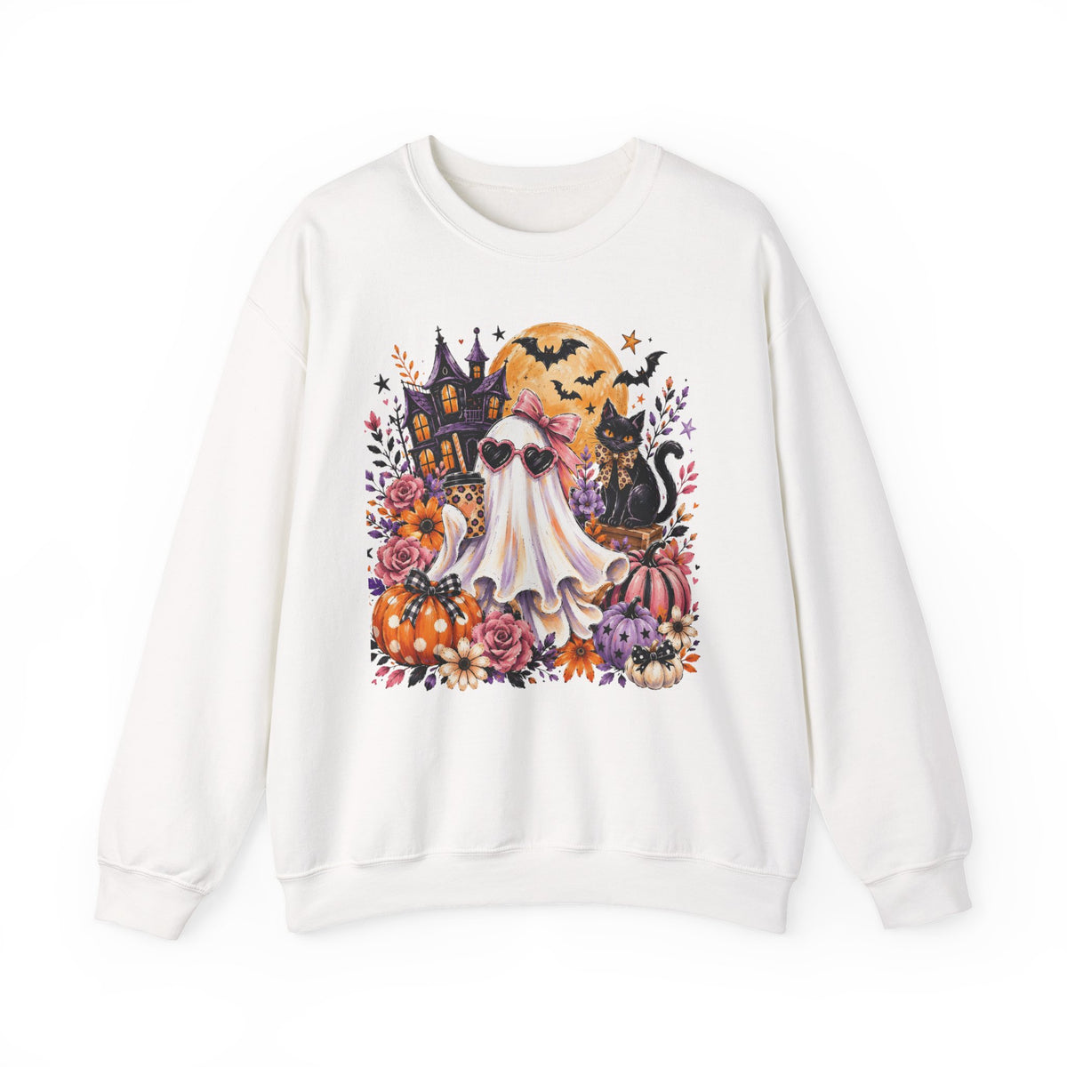 Halloween Ghost Crewneck Sweatshirt — Cute Ghost, Pumpkins & Black Cat Halloween Pullover