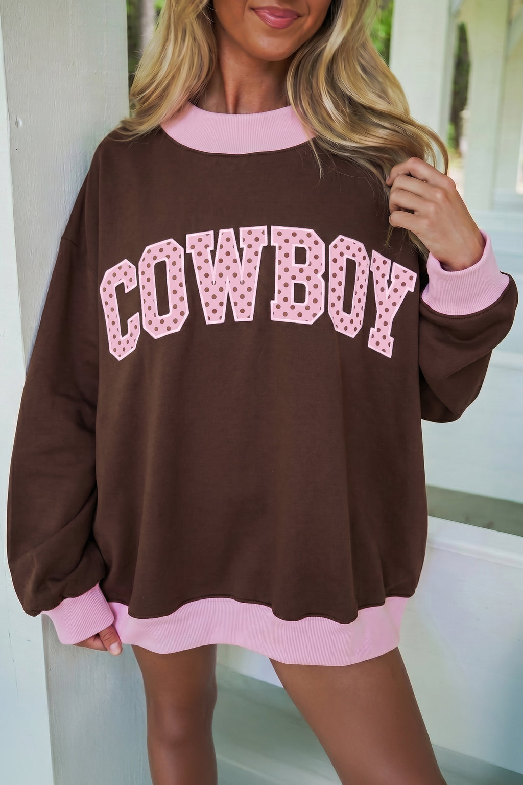 Pink Polka Dot Letter Graphic Colorblock Tunic Sweatshirt
