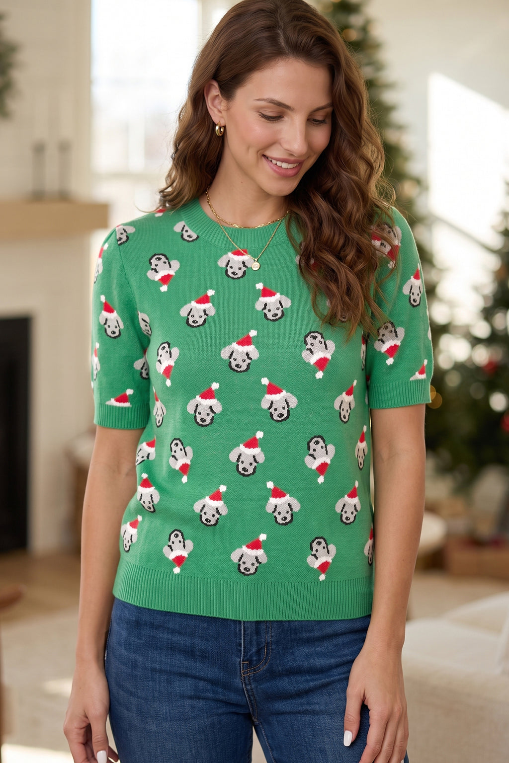 Dark Green Abstract Dog Pattern Christmas Round Neck Short Sleeve Sweater