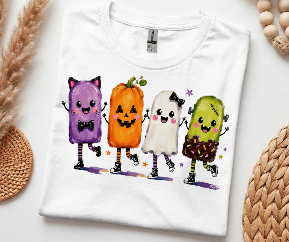 Halloween Popsicle Crew T-Shirt — Cute Dancing Pumpkin, Ghost & Candy Characters