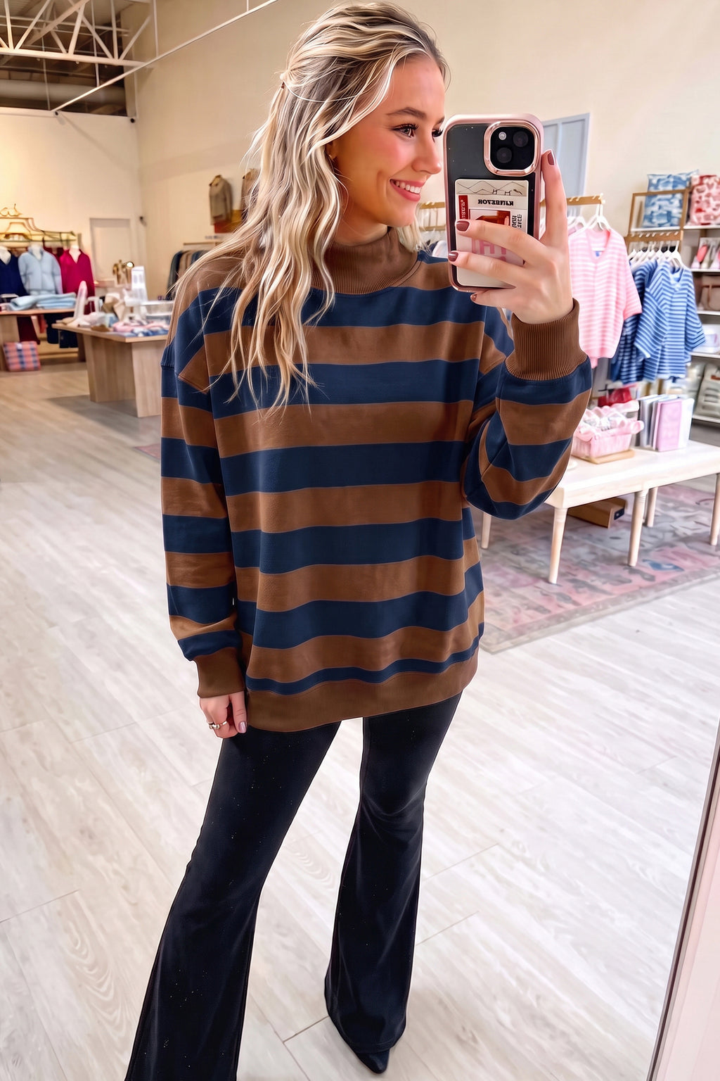 Orange Stripe Colorblock Mock Neck Relaxed Sweatshirt