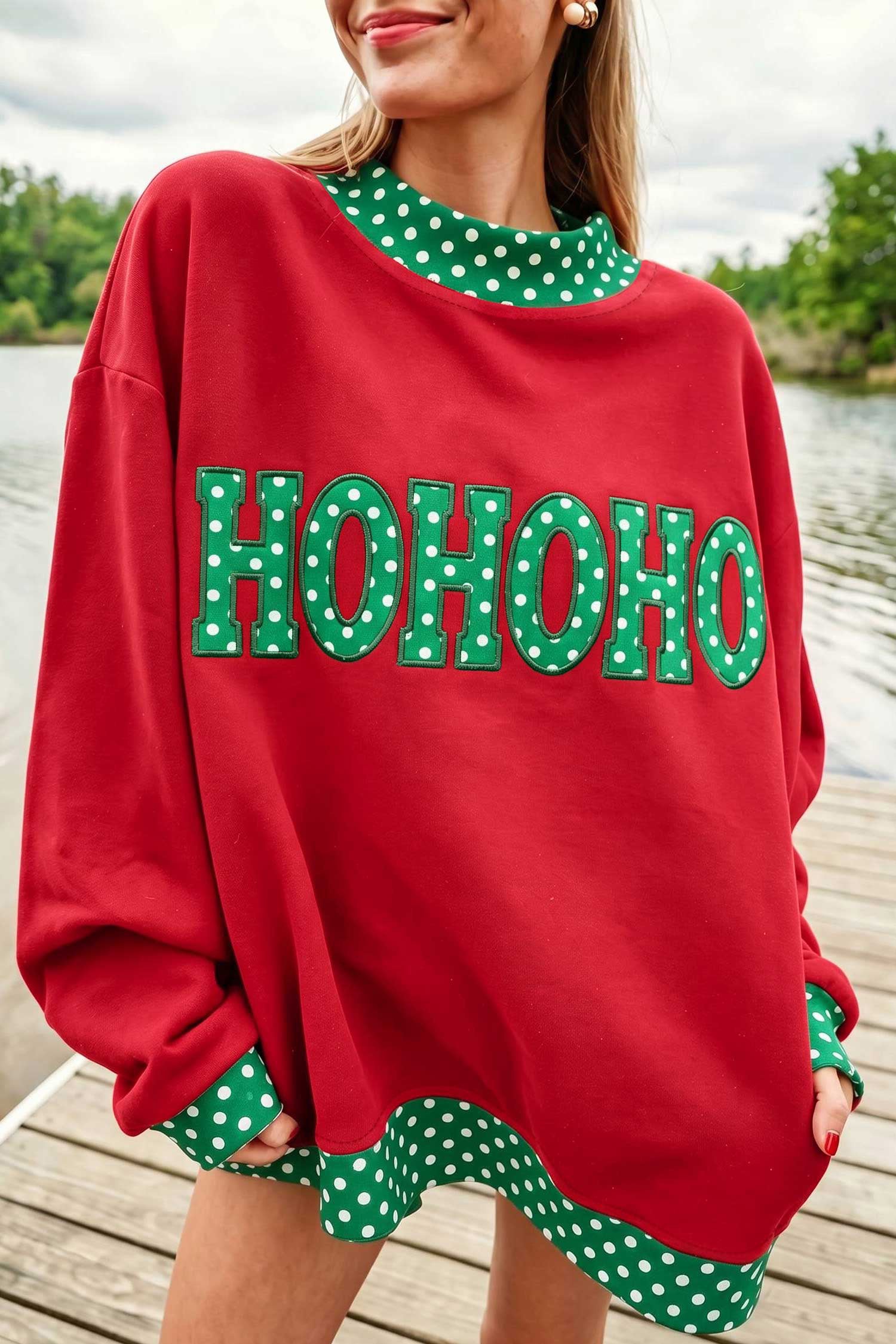 Women's Polka Dot Letter Print Contrast Trim Mock Neck Sweatshirt