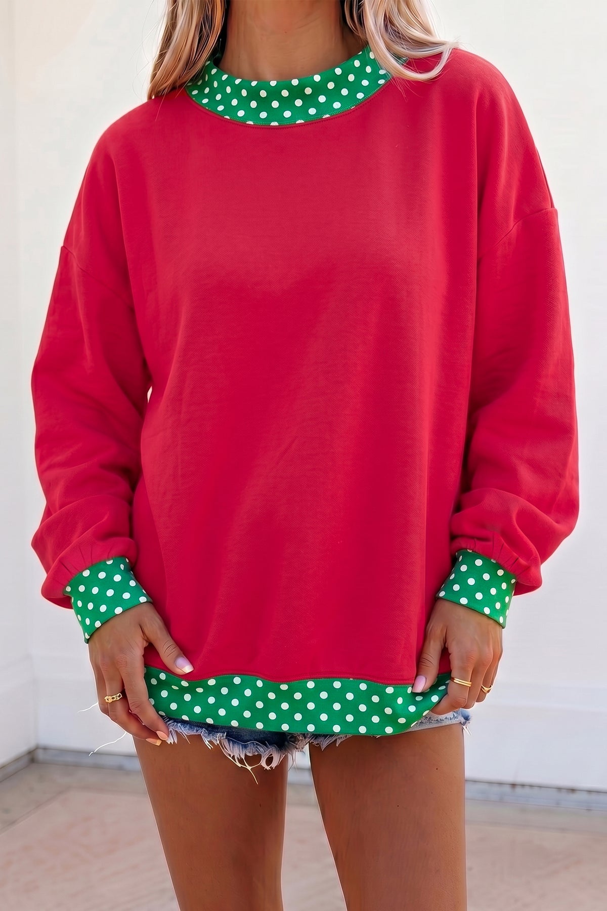 Tillandsia Purple Colorblock Polka Dot Contrast Trim Oversized Sweatshirt
