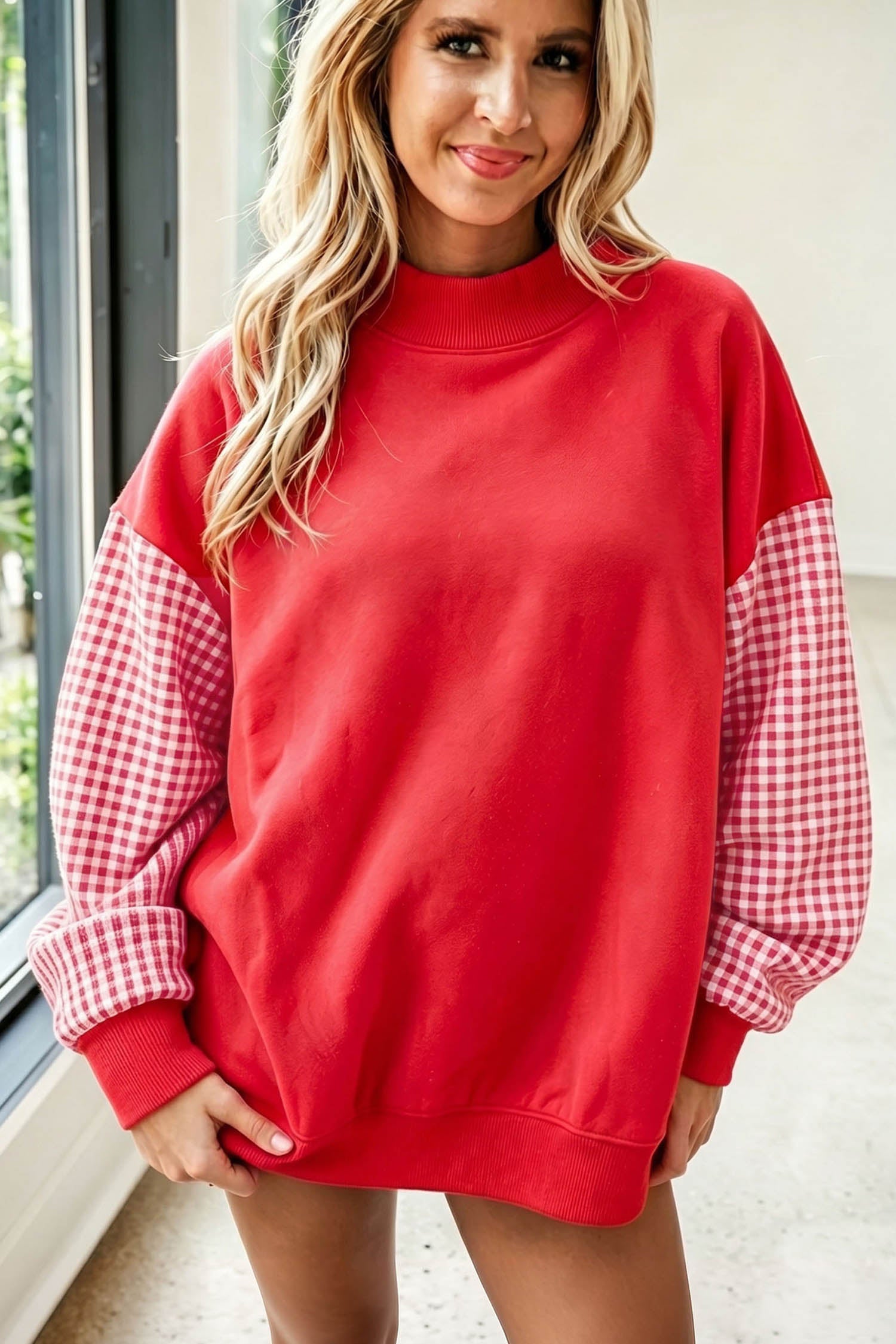 Black Plaid Sleeve Colorblock Loose Tunic Sweatshirt