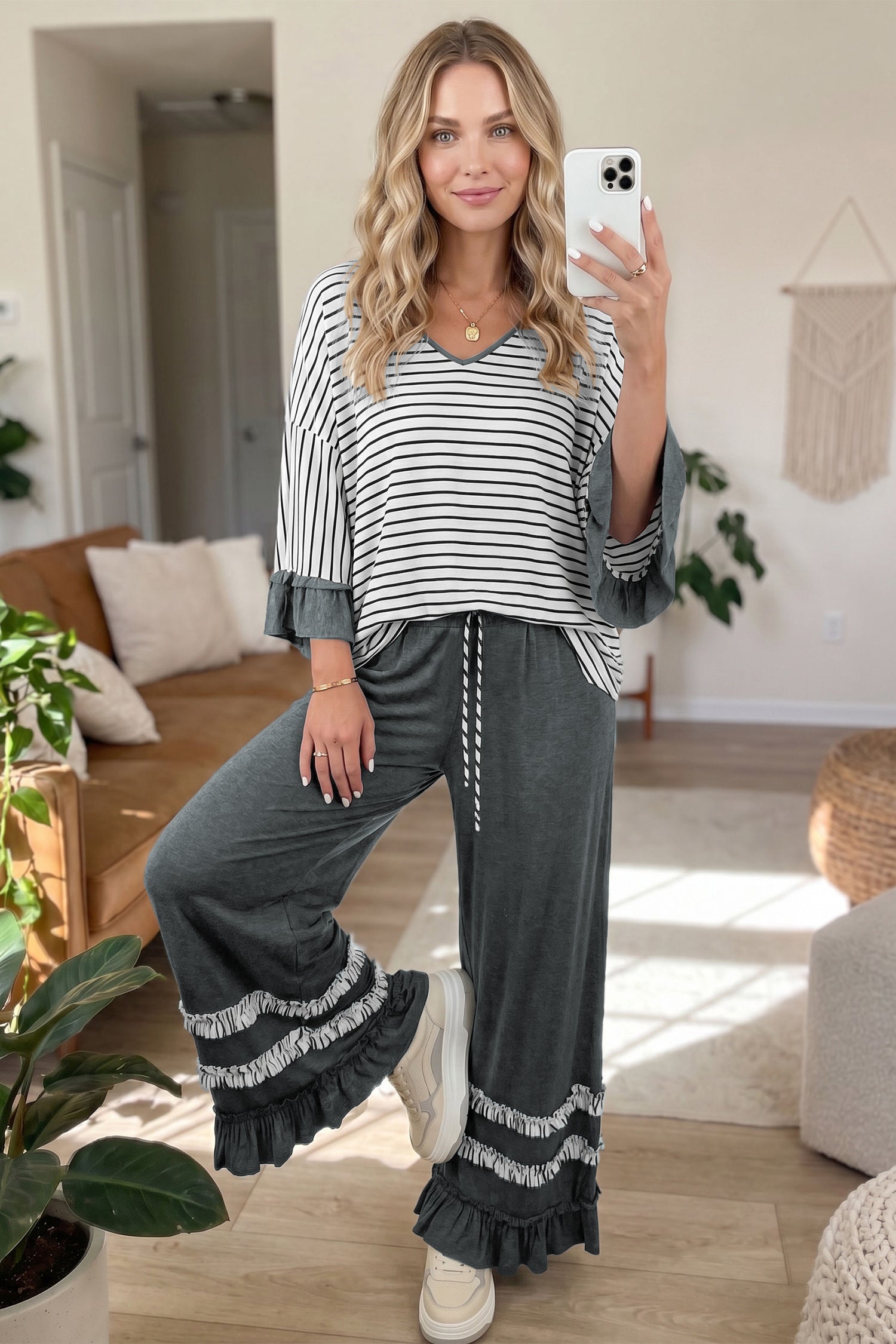 Blue Stripe V Neck Ruffle Contrast Sleeve Top Drawstring Pants 2pcs Set