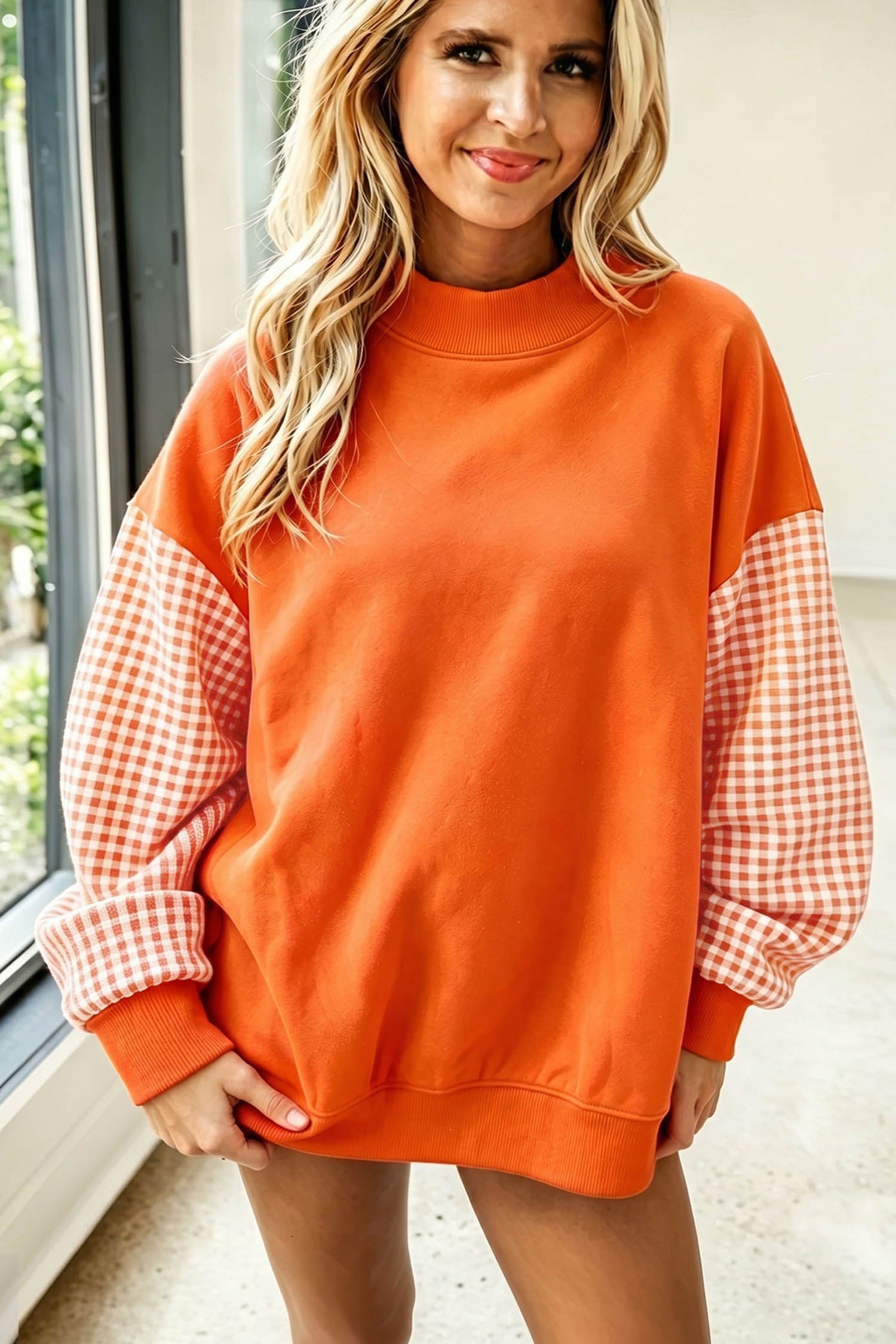 Black Plaid Sleeve Colorblock Loose Tunic Sweatshirt