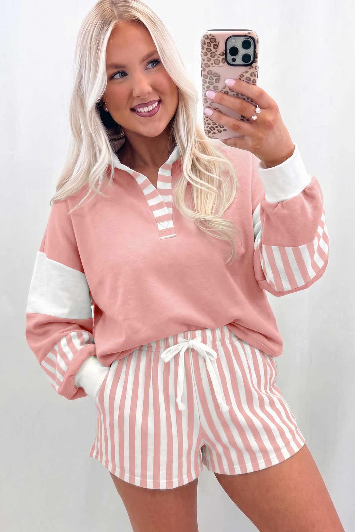 Black Striped Color Block Pullover Top Drawstring Shorts Set