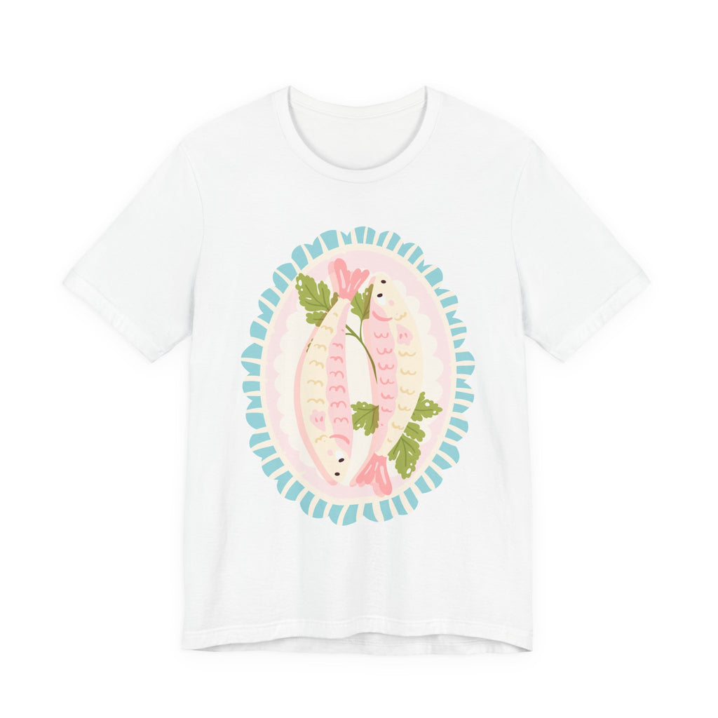 Pink Sardine Platter Illustration T-Shirt | Cute Aquatic Creature Tee, Floral Frame