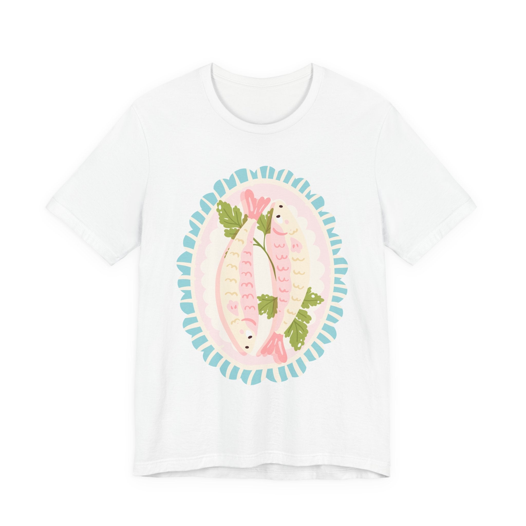 Pink Sardine Platter Illustration T-Shirt | Cute Aquatic Creature Tee, Floral Frame