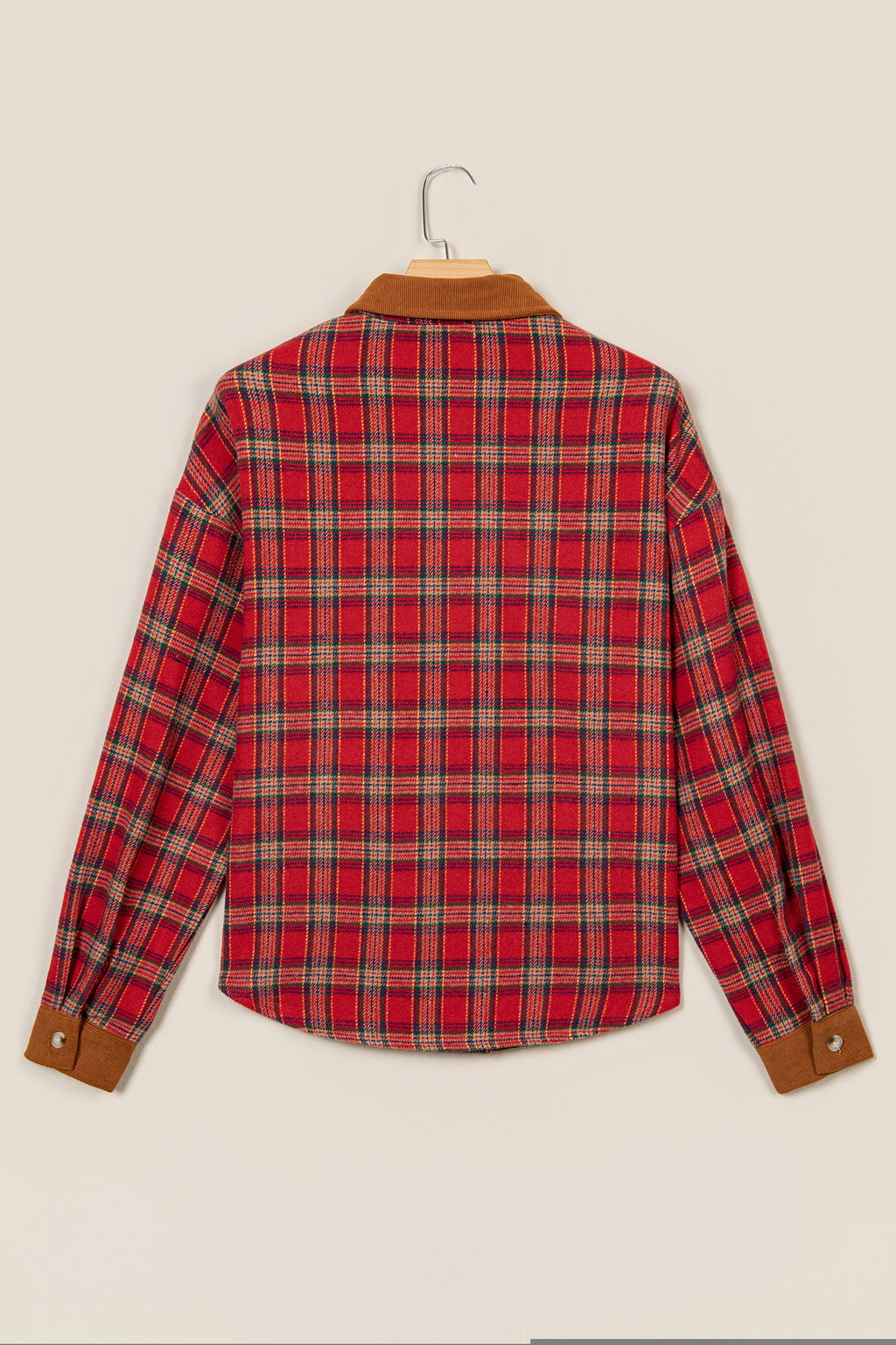 Red Casual Plaid Color Block Collared Button Shacket