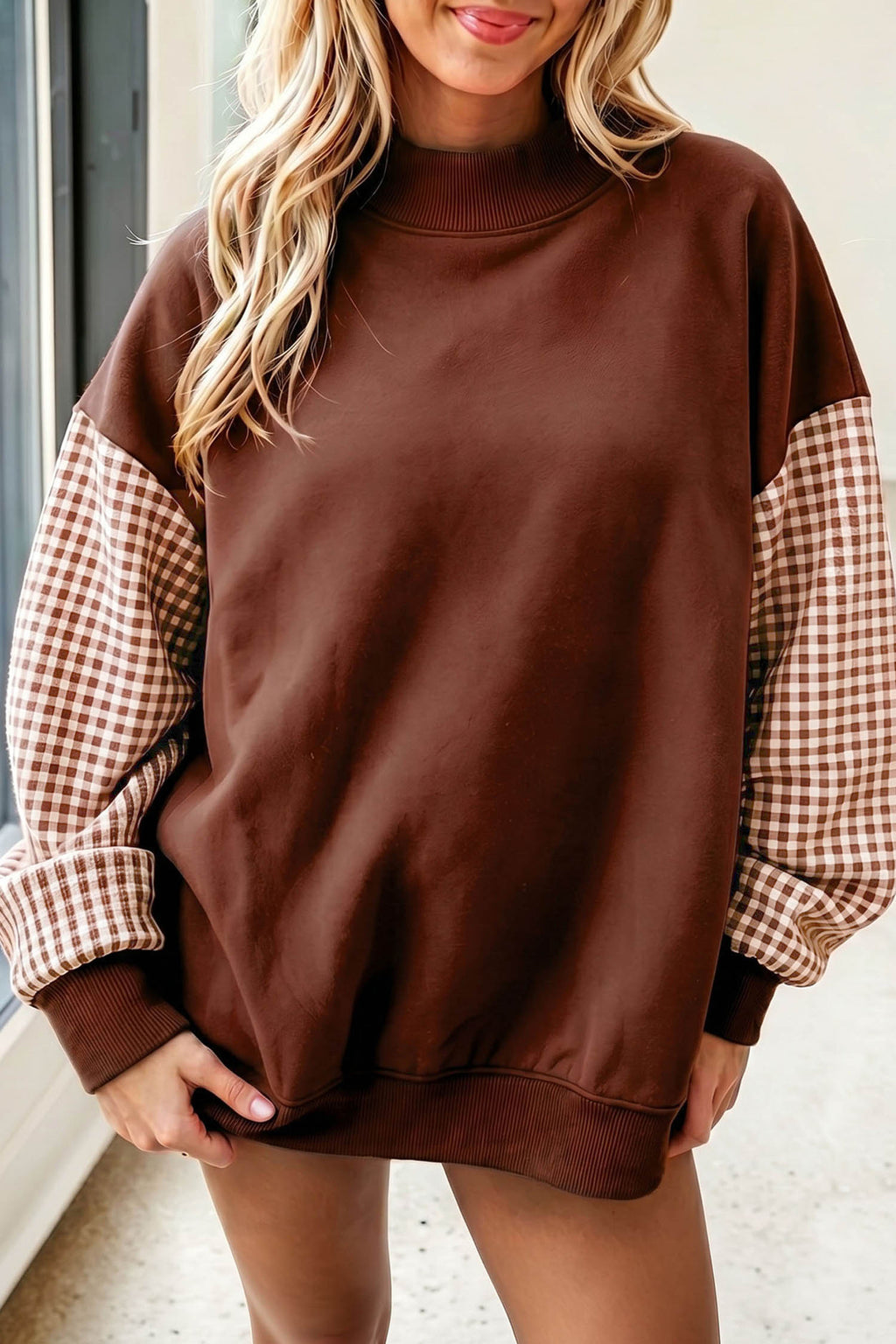 Black Plaid Sleeve Colorblock Loose Tunic Sweatshirt