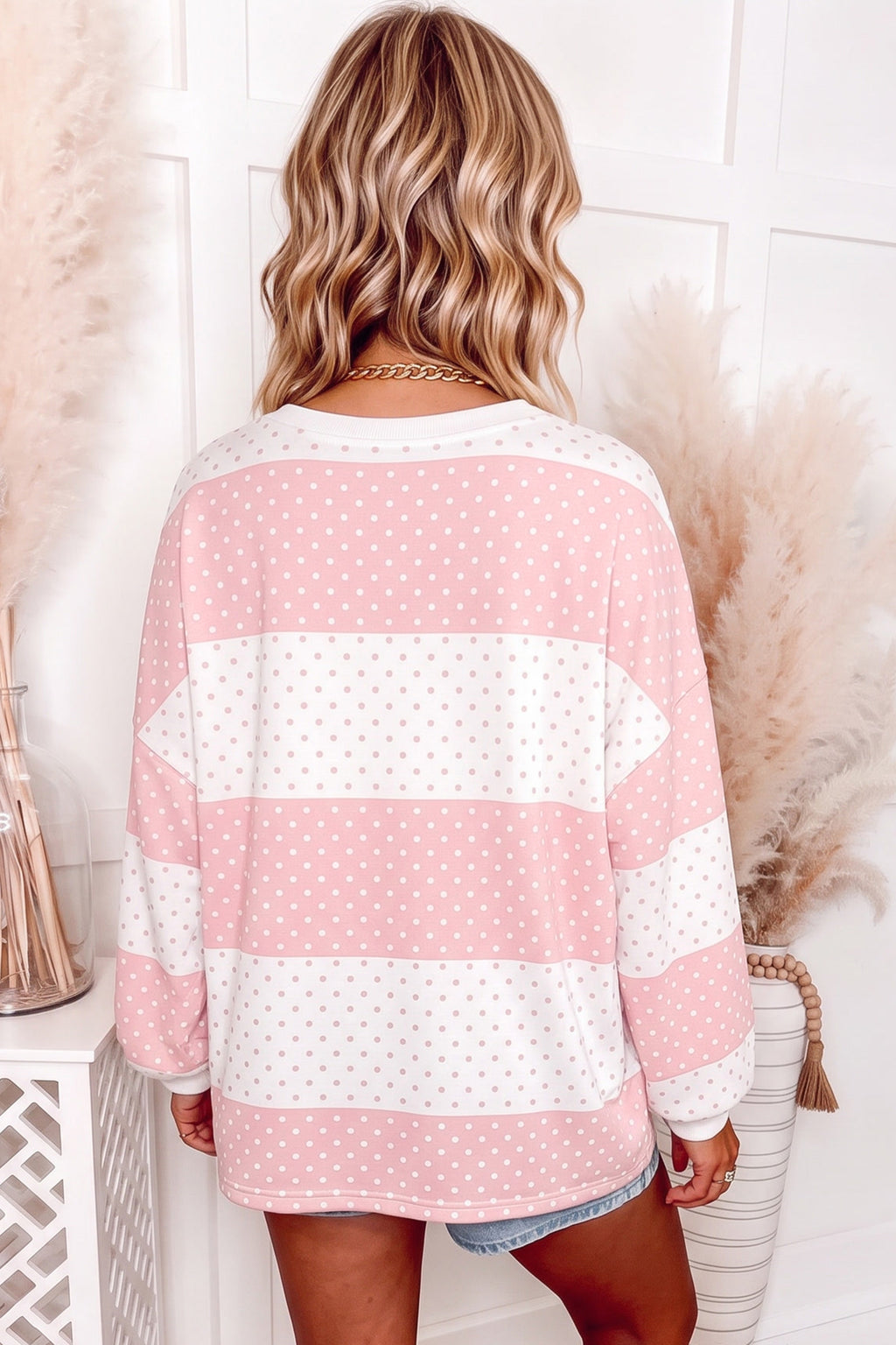 Blue Polka Dot Patchwork Colorblock Long Sleeve Top