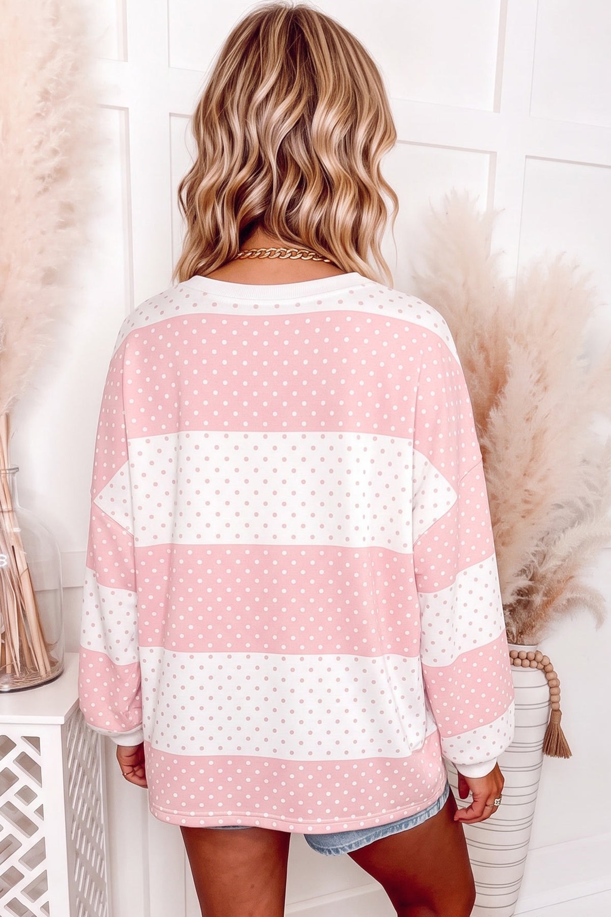 Blue Polka Dot Patchwork Colorblock Long Sleeve Top