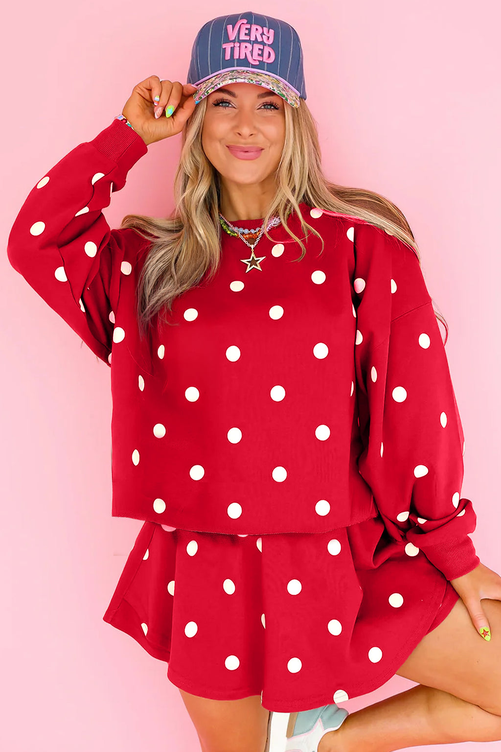 Red Polka Dot Raw Hem Relaxed Pullover Loose Skort Two Piece Set