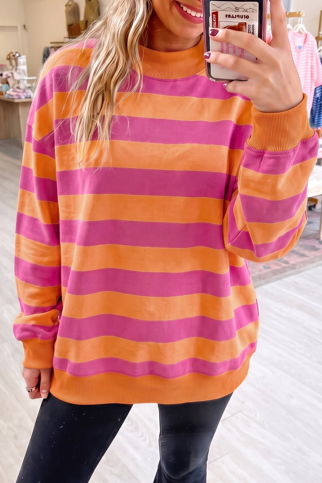 Orange Stripe Colorblock Mock Neck Relaxed Sweatshirt