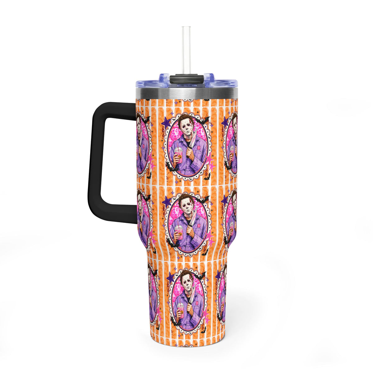 40oz Halloween Michael Myers Tumbler — Retro Orange Striped Vacuum Insulated Cup