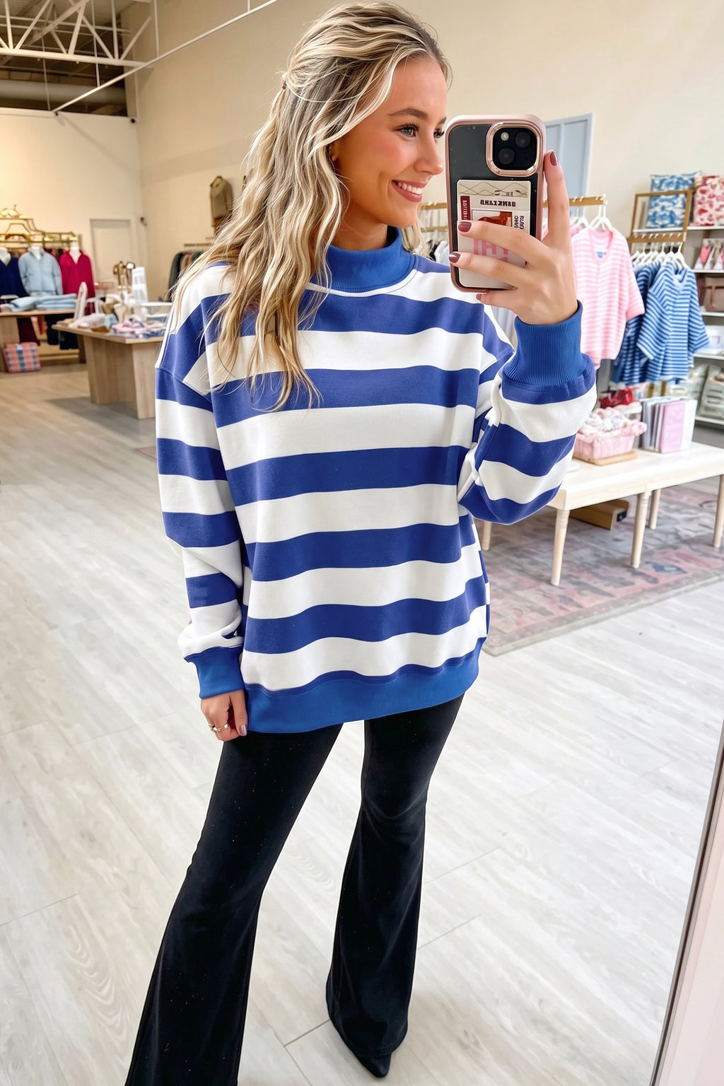 Orange Stripe Colorblock Mock Neck Relaxed Sweatshirt