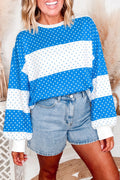 Blue Polka Dot Patchwork Colorblock Long Sleeve Top