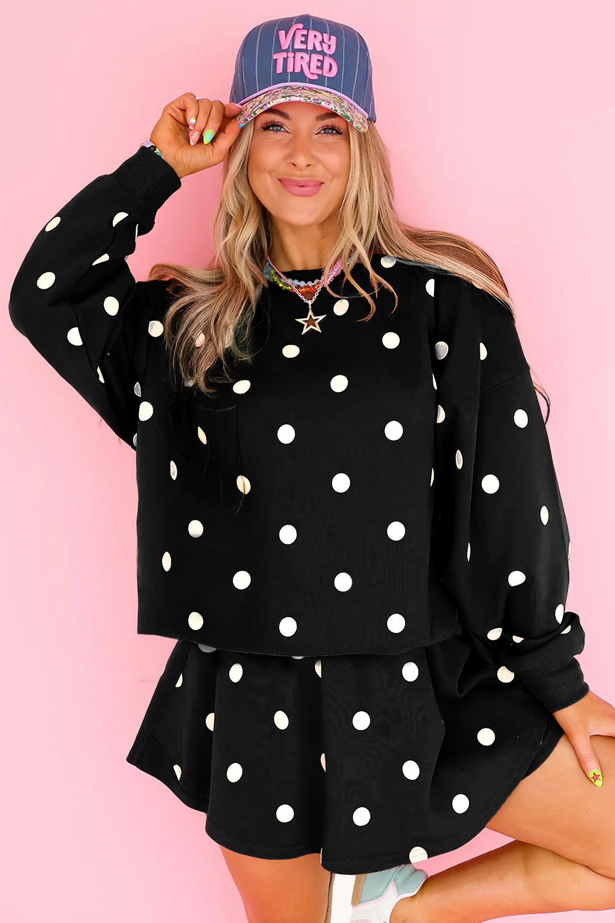 Red Polka Dot Raw Hem Relaxed Pullover Loose Skort Two Piece Set