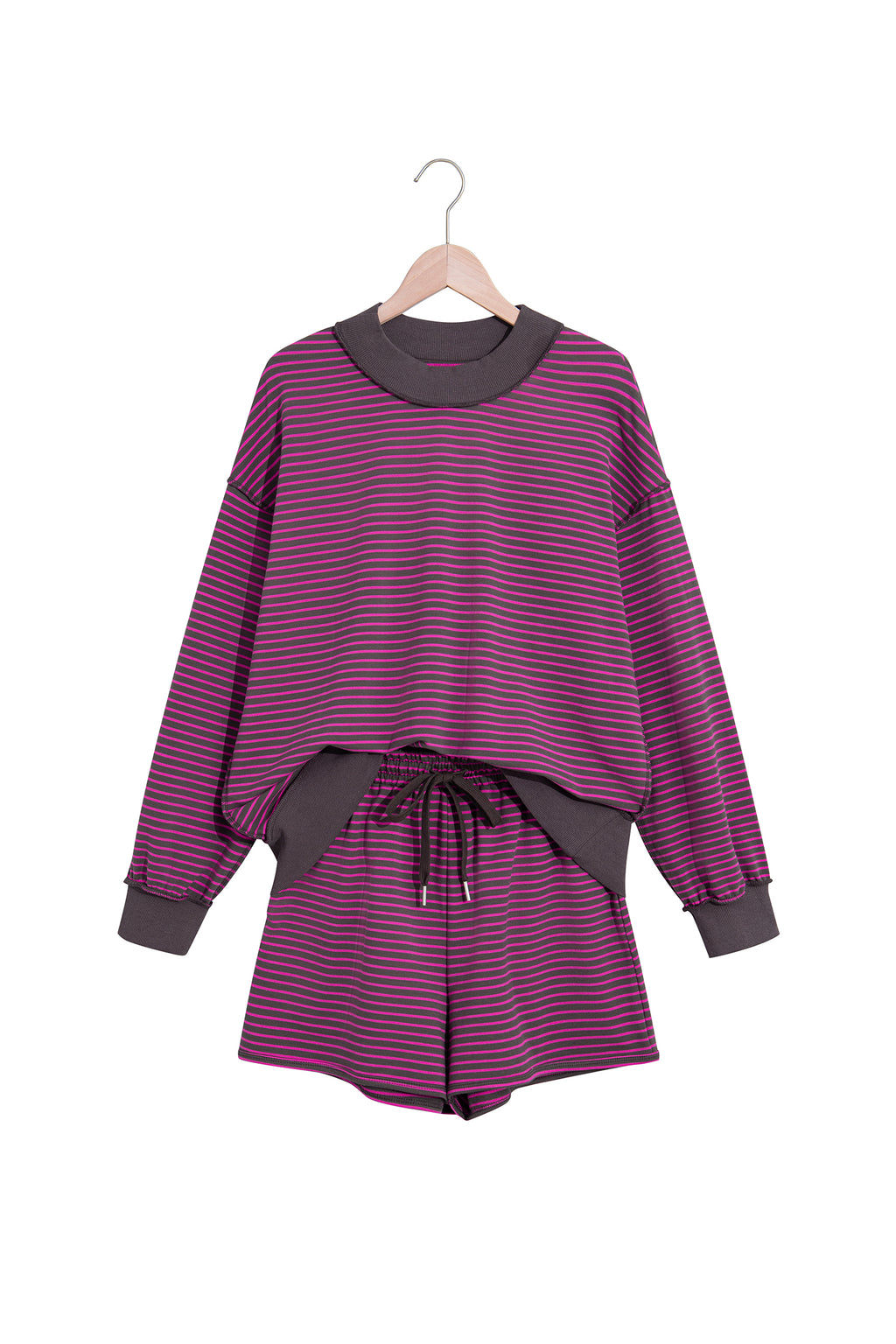 Blue Stripe Ribbed Patchwork Mock Neck Baggy Pullover Matching Shorts Set