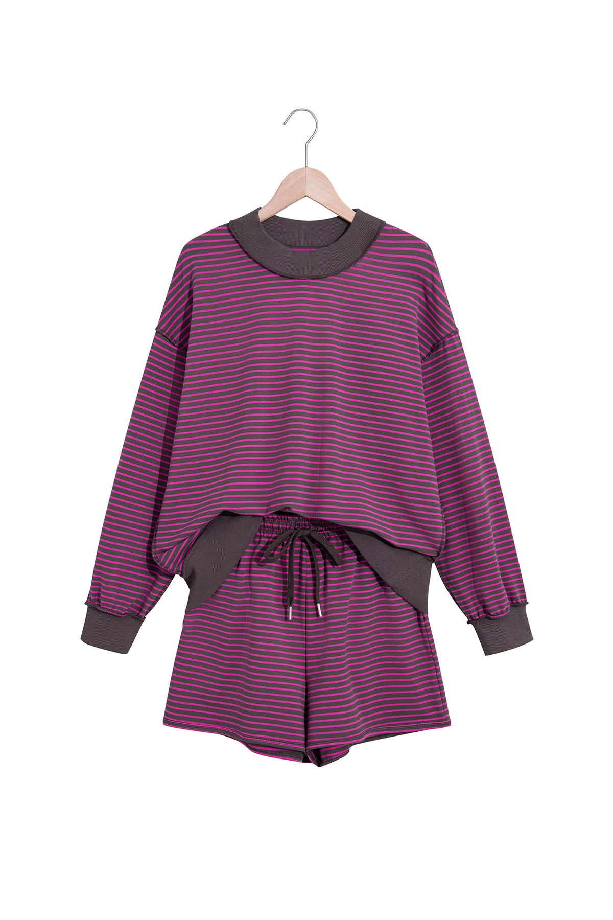 Blue Stripe Ribbed Patchwork Mock Neck Baggy Pullover Matching Shorts Set