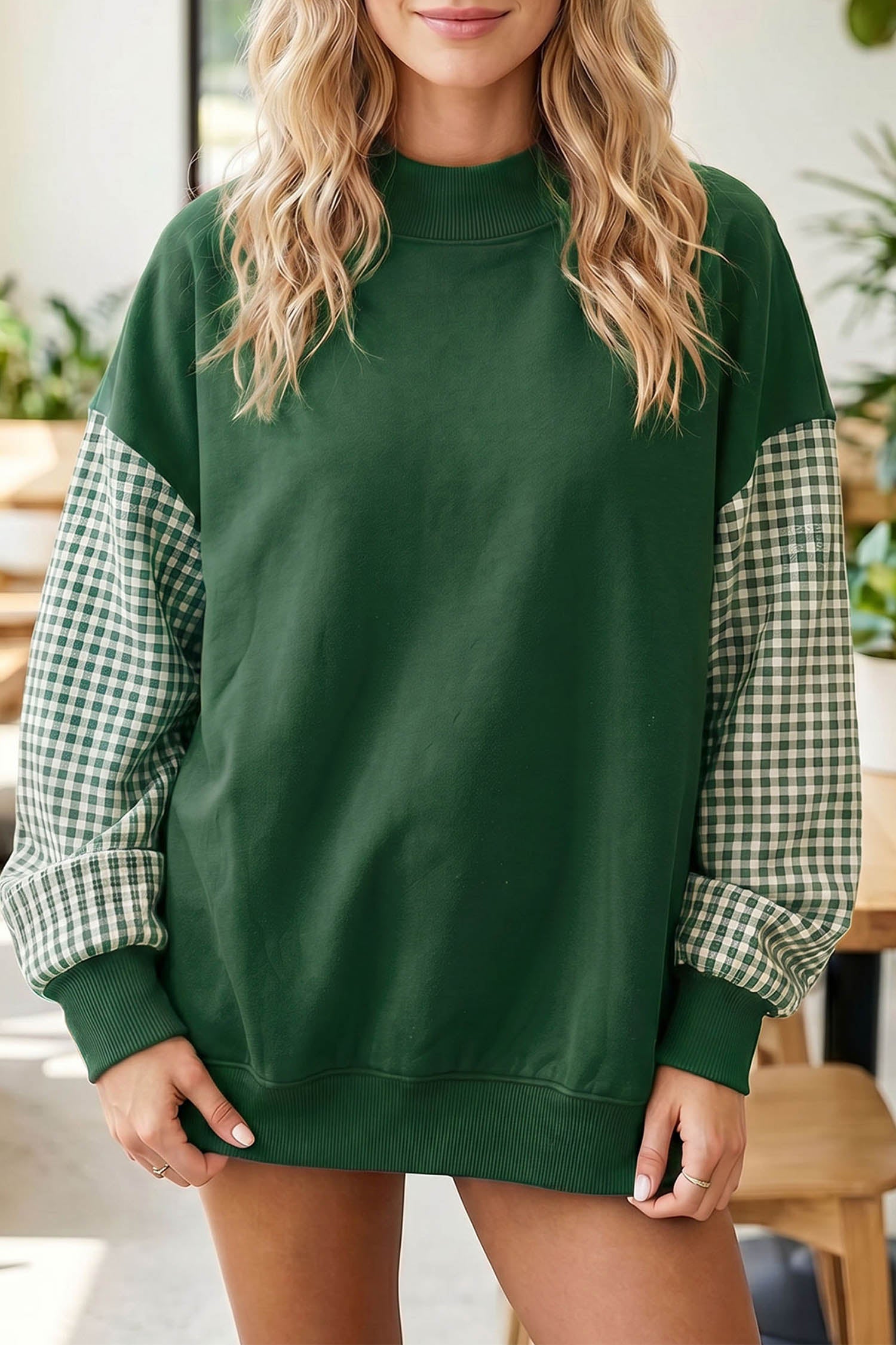 Black Plaid Sleeve Colorblock Loose Tunic Sweatshirt