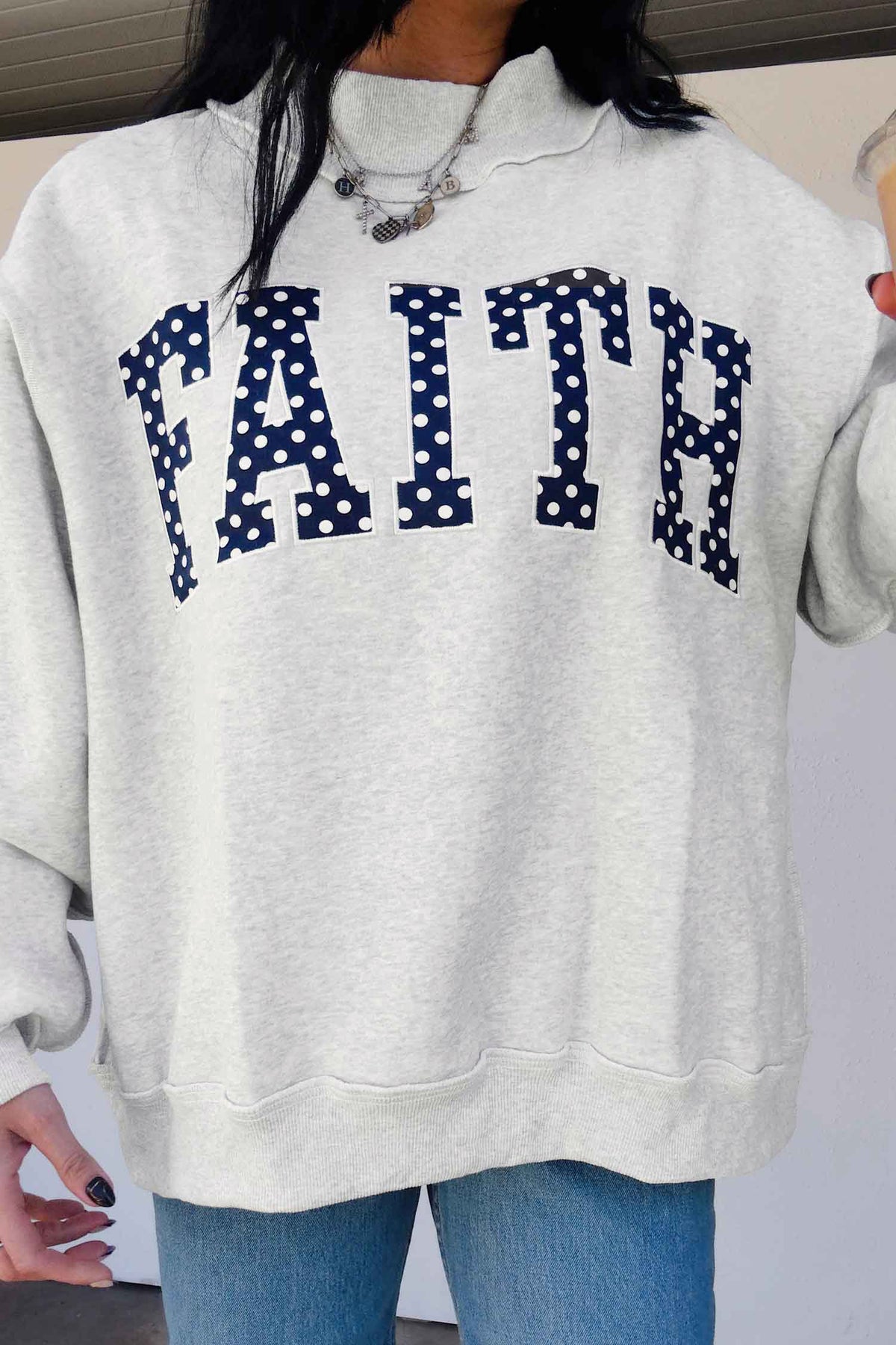 Gray High Neck Polka Dot Slogan Printed Baggy Sweatshirt
