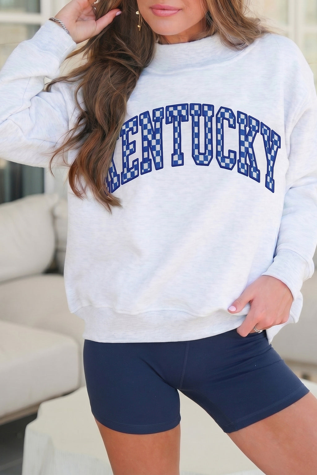 Kentucky Light Grey High Neck Embroidered Checkered Letter Game Day Sweatshirt