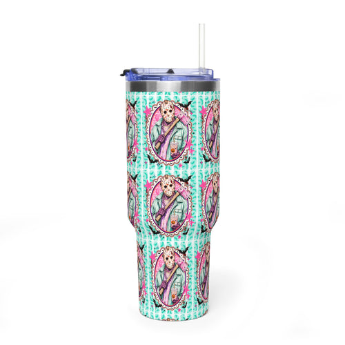 40oz Jason Halloween Vacuum Tumbler — Insulated Travel Mug with Cute Portrait Pattern