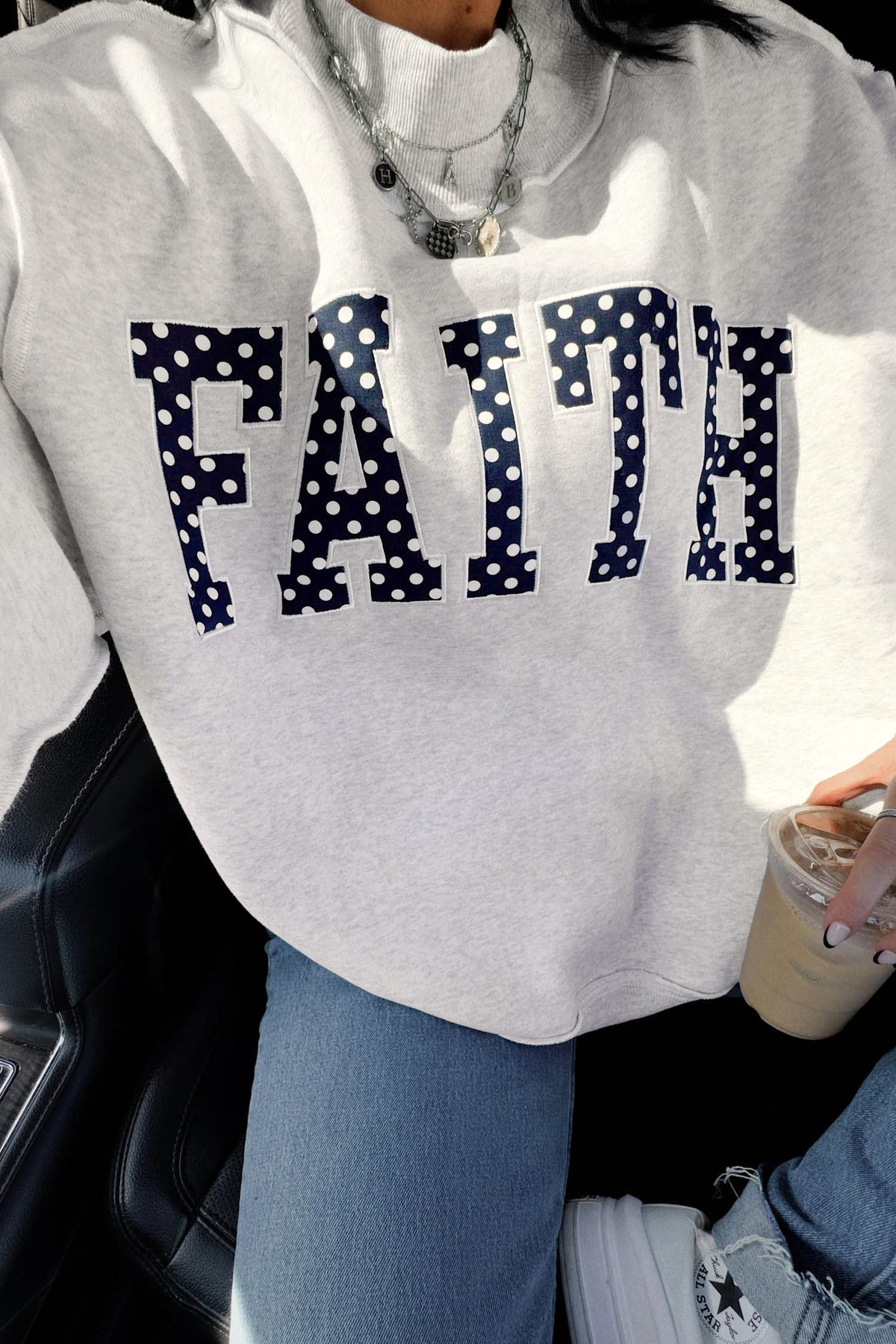 Gray High Neck Polka Dot Slogan Printed Baggy Sweatshirt
