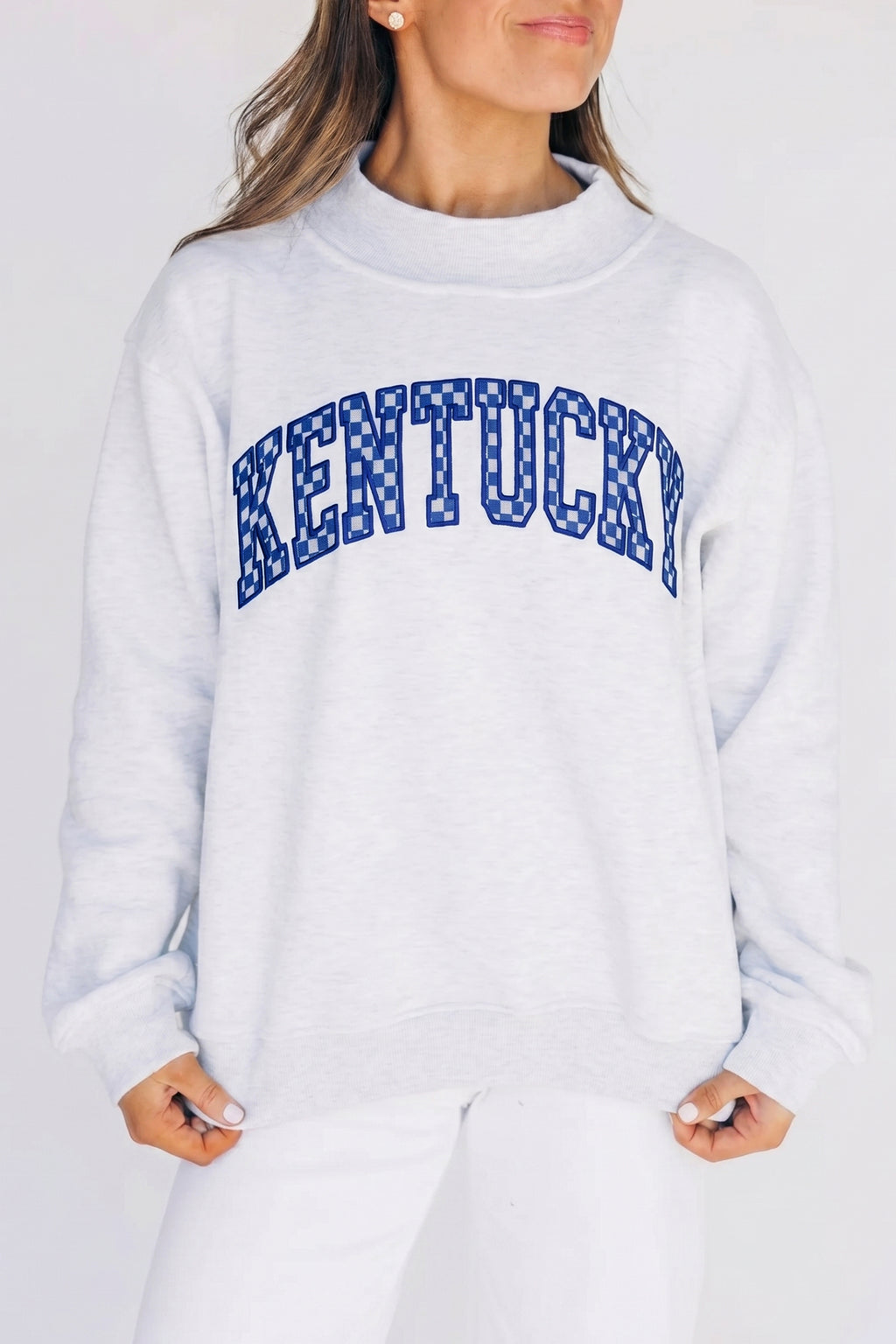 Kentucky Light Grey High Neck Embroidered Checkered Letter Game Day Sweatshirt