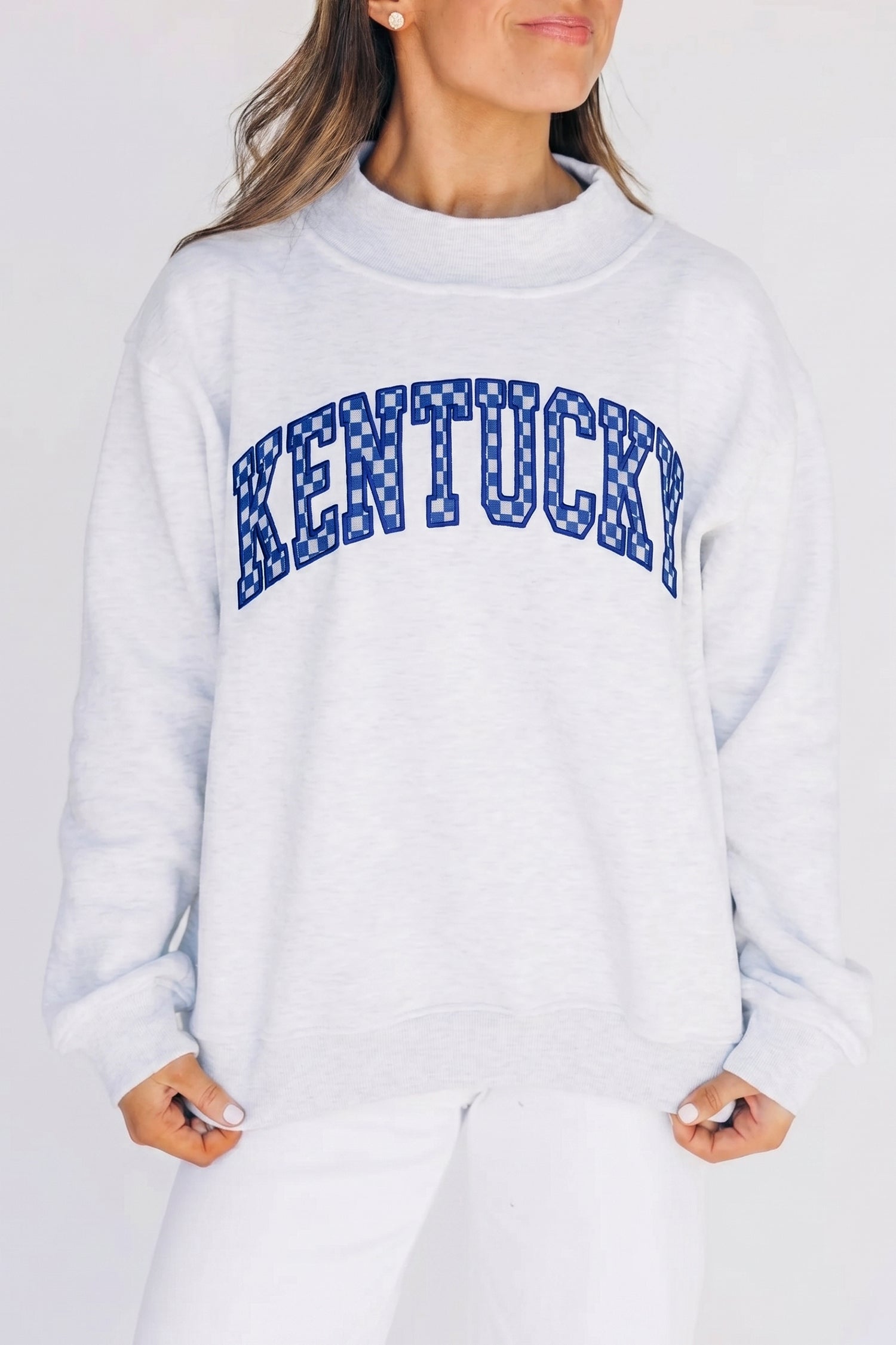 Kentucky Light Grey High Neck Embroidered Checkered Letter Game Day Sweatshirt