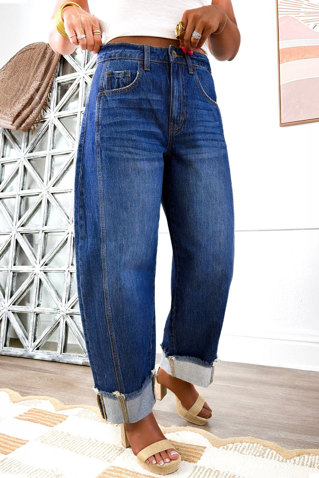 Myosotis Raw Hem Turnup Loose Ankle-length Jeans
